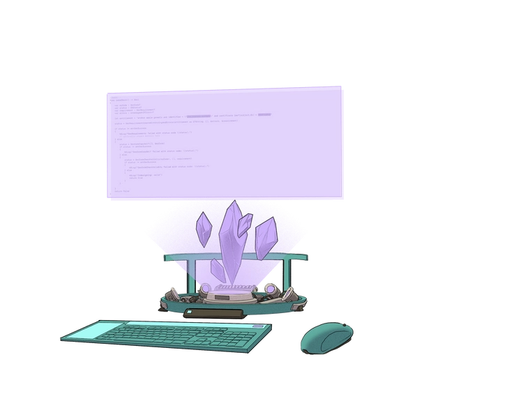 Illustration of a futuristic computer set up, powered by Ethereum crystals.